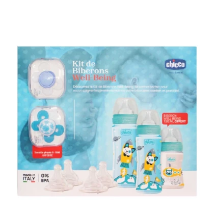CHICCO COFFRET BIBERON WELL BEIG BLEU 7 ARTICLES